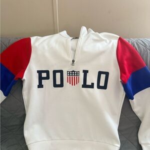 Ralph Lauren White Sweater with Red and Blue Sleeves
